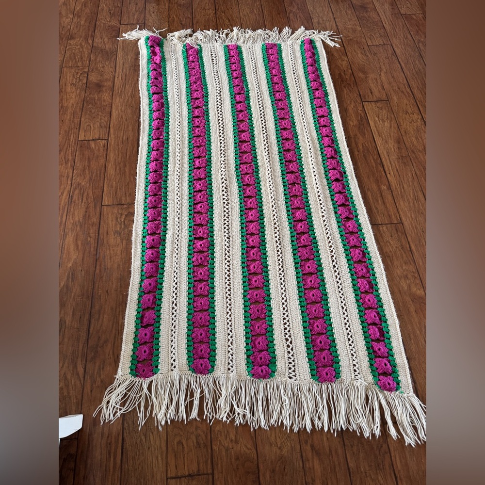 Vintage Crochet Fringed Floral spring, valentines Blanket
